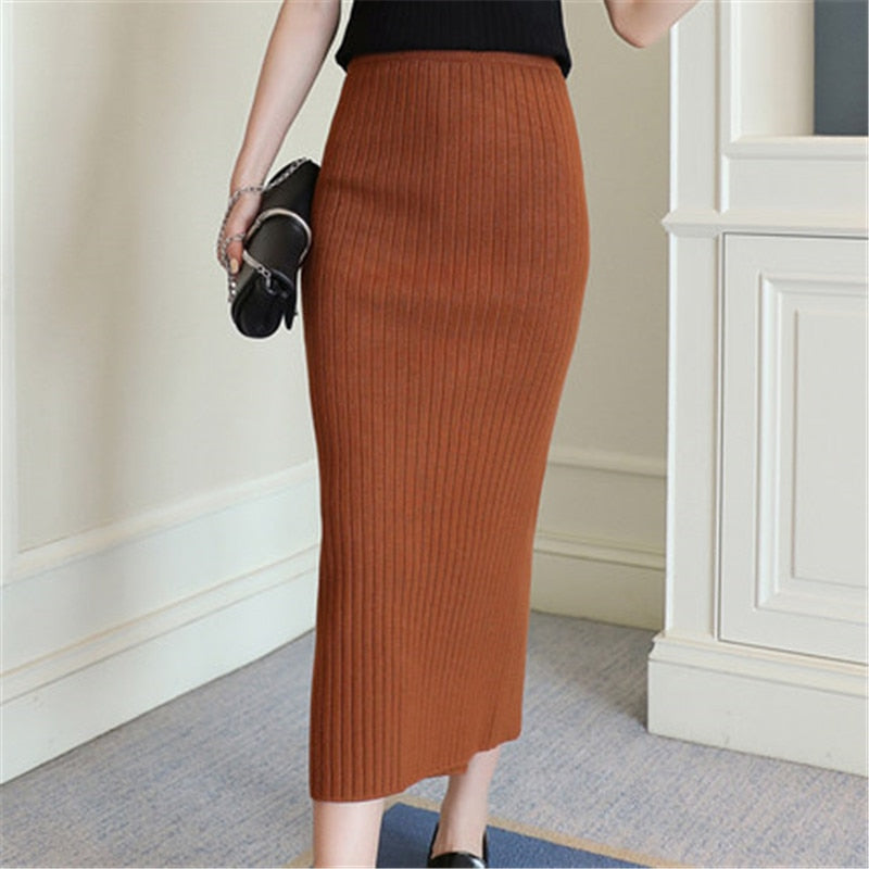 Woolen Long Midi Step Pencil Skirt - Debshops