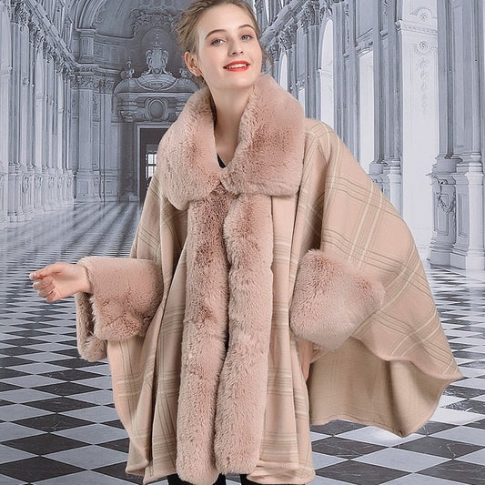 Cape Plaid Poncho Faux Fur Coat - Deb Shops