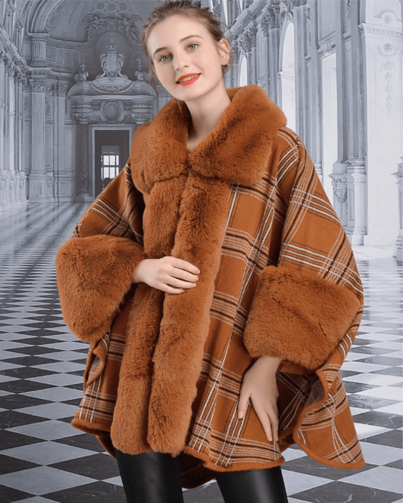 Cape Plaid Poncho Faux Fur Coat - Deb Shops