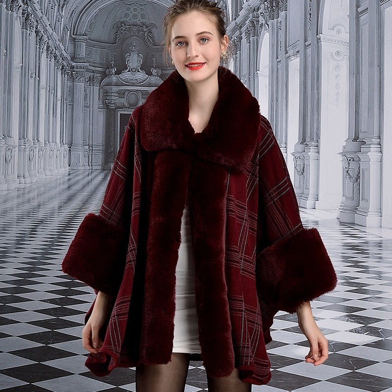 Cape Plaid Poncho Faux Fur Coat - Deb Shops