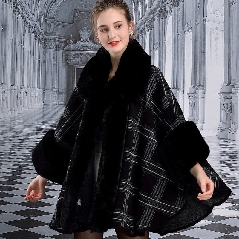 Cape Plaid Poncho Faux Fur Coat - Deb Shops