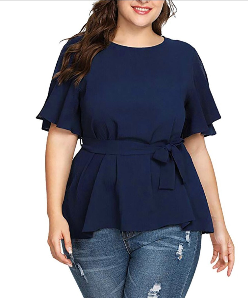 Plus Size Sleeve Shirt Belted Top - Deb Shops