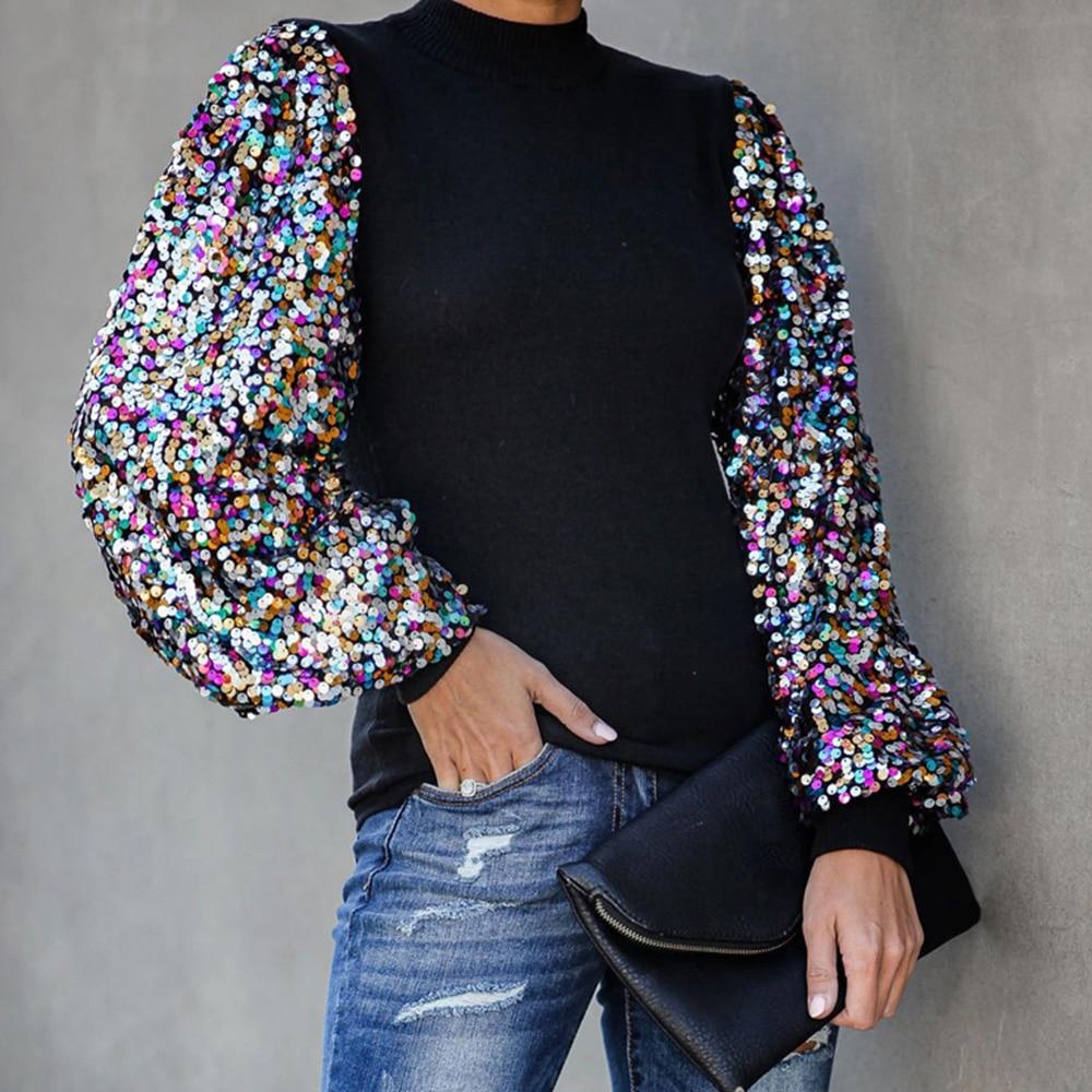 Sequins Turtleneck Spring Long Puff Sleeve - Debshops