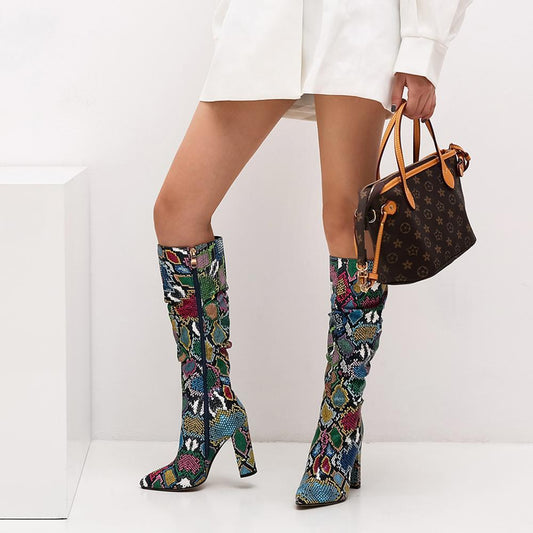 Colorful Snake Skin Thick High Heels Pointed Toe Zip Pleated Boots - Deb Shops