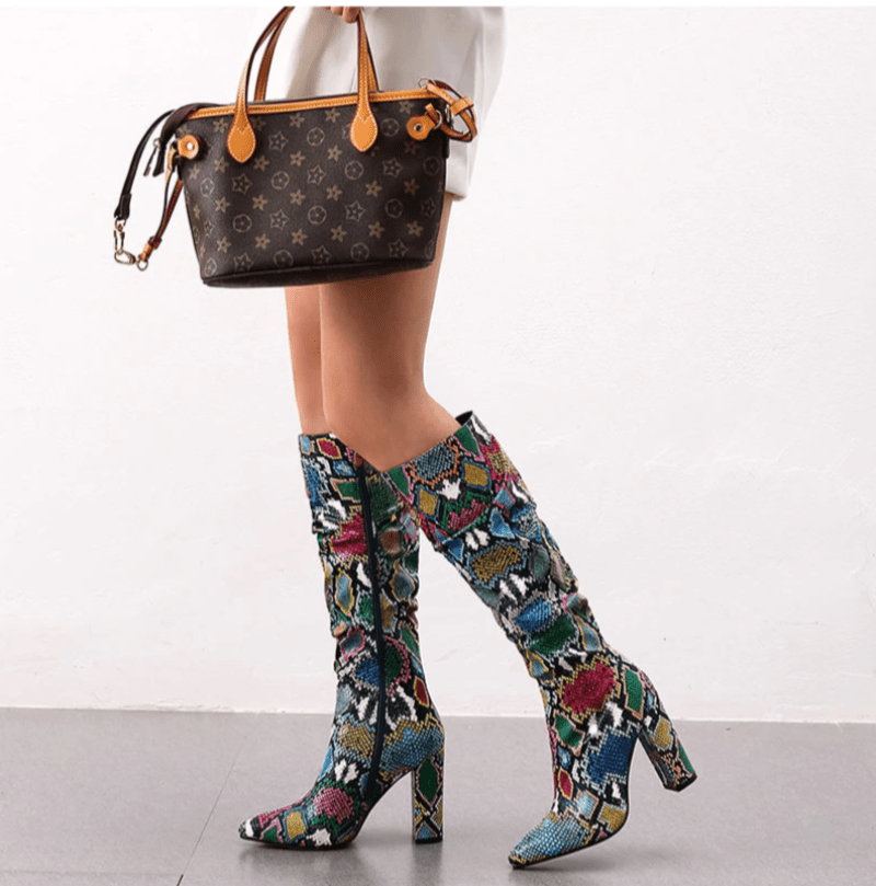 Colorful Snake Skin Thick High Heels Pointed Toe Zip Pleated Boots - Deb Shops