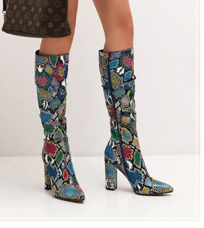 Colorful Snake Skin Thick High Heels Pointed Toe Zip Pleated Boots - Deb Shops