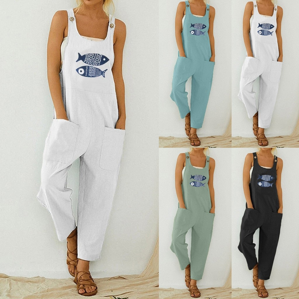 Casual Boho Fish Print Pocket Romper Long Button Jumpsuit - Debshops