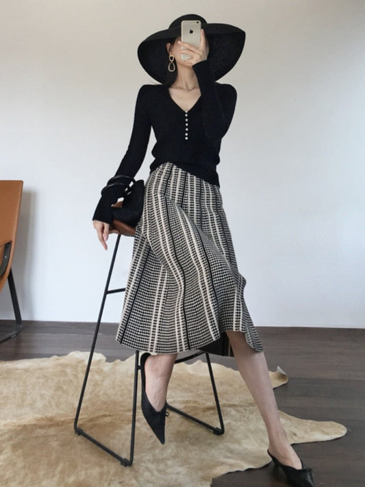 Wool Striped Plaid High Waist Skirt - Debshops