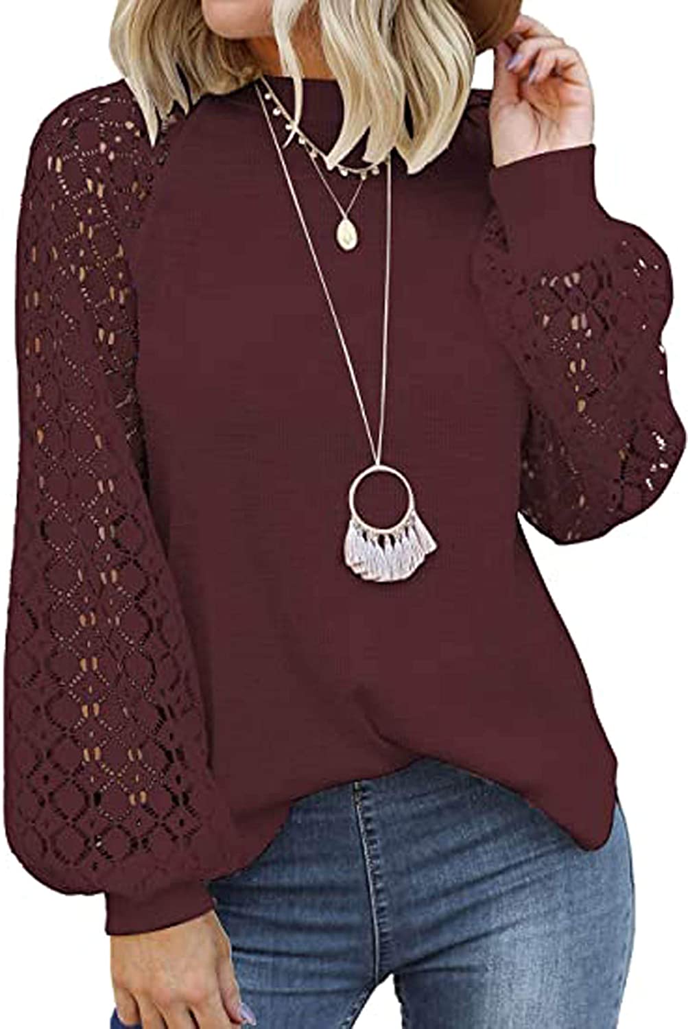 Women's Long Sleeve Tops Lace Hollow Out Waffle Casual Loose Blouse - Debshops