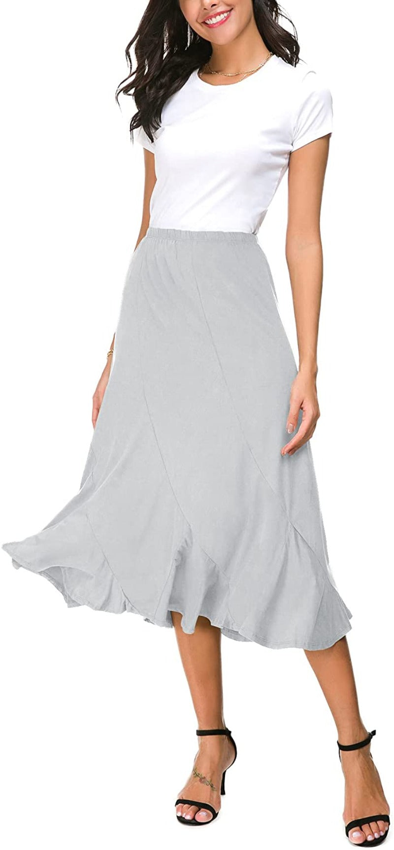 Women's Elegant Ankle Length Ruffle Hem Elastic Waist Midi Skirt - Debshops