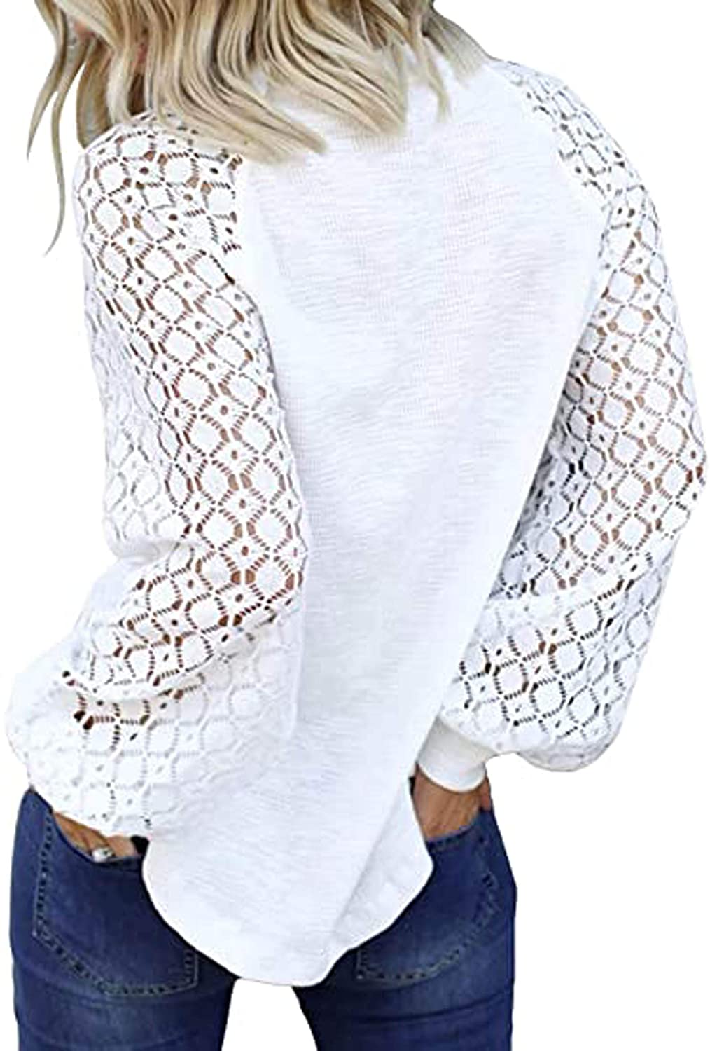 Women's Long Sleeve Tops Lace Hollow Out Waffle Casual Loose Blouse - Debshops