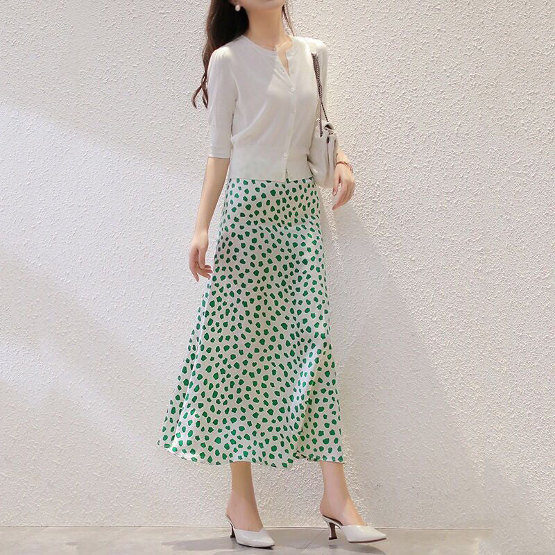 Dot Satin Elegant Summer Midi Length Skirt - Deb Shops