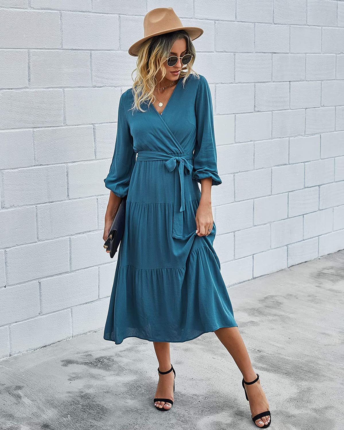 Women’s V Neck Wrap Vintage Floral Print Short Sleeve Split Belted Flowy Boho Beach Long Dress - Debshops