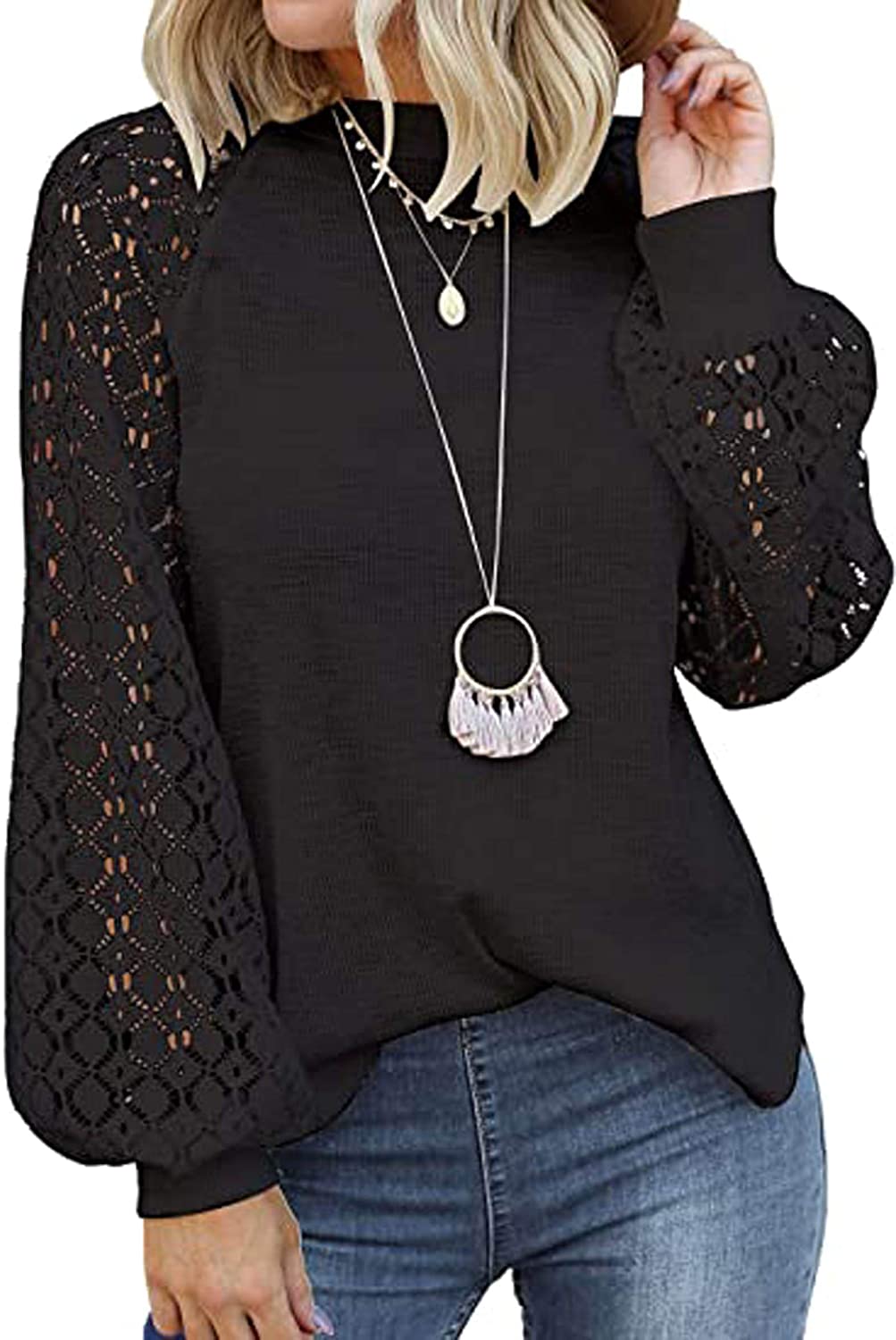 Women's Long Sleeve Tops Lace Hollow Out Waffle Casual Loose Blouse - Debshops