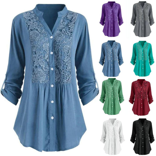 Blouse Button Lace V Neck Long Sleeve - Debshops