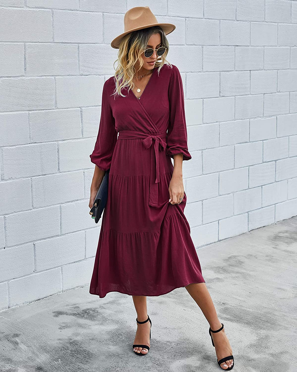 Women’s V Neck Wrap Vintage Floral Print Short Sleeve Split Belted Flowy Boho Beach Long Dress - Debshops