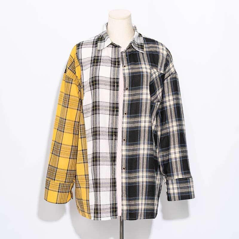 Plaid Blouse Mandarin Collar - Debshops