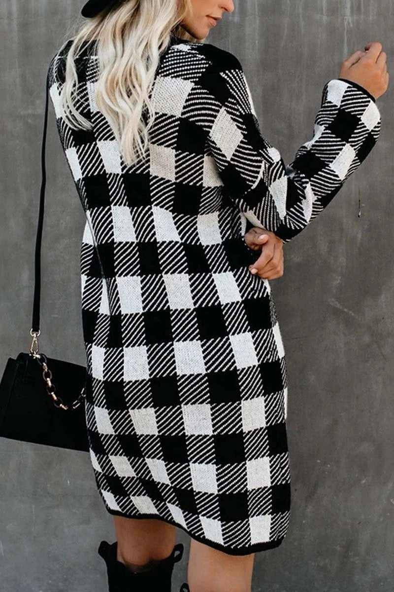 Plaid Slim Knitwear Checker Sweater Dress - Debshops