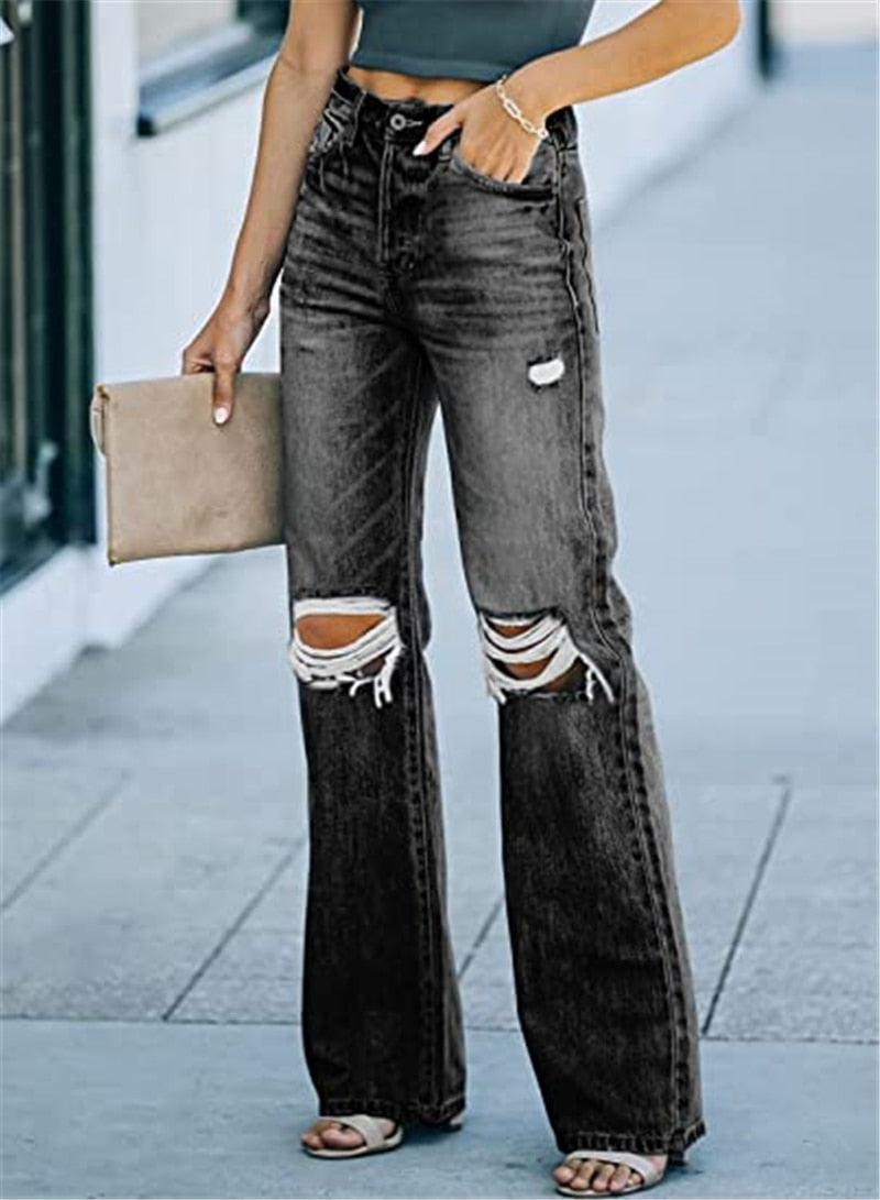 High Waist Retro Flared Loose Ripped Wide Jeans - Debshops