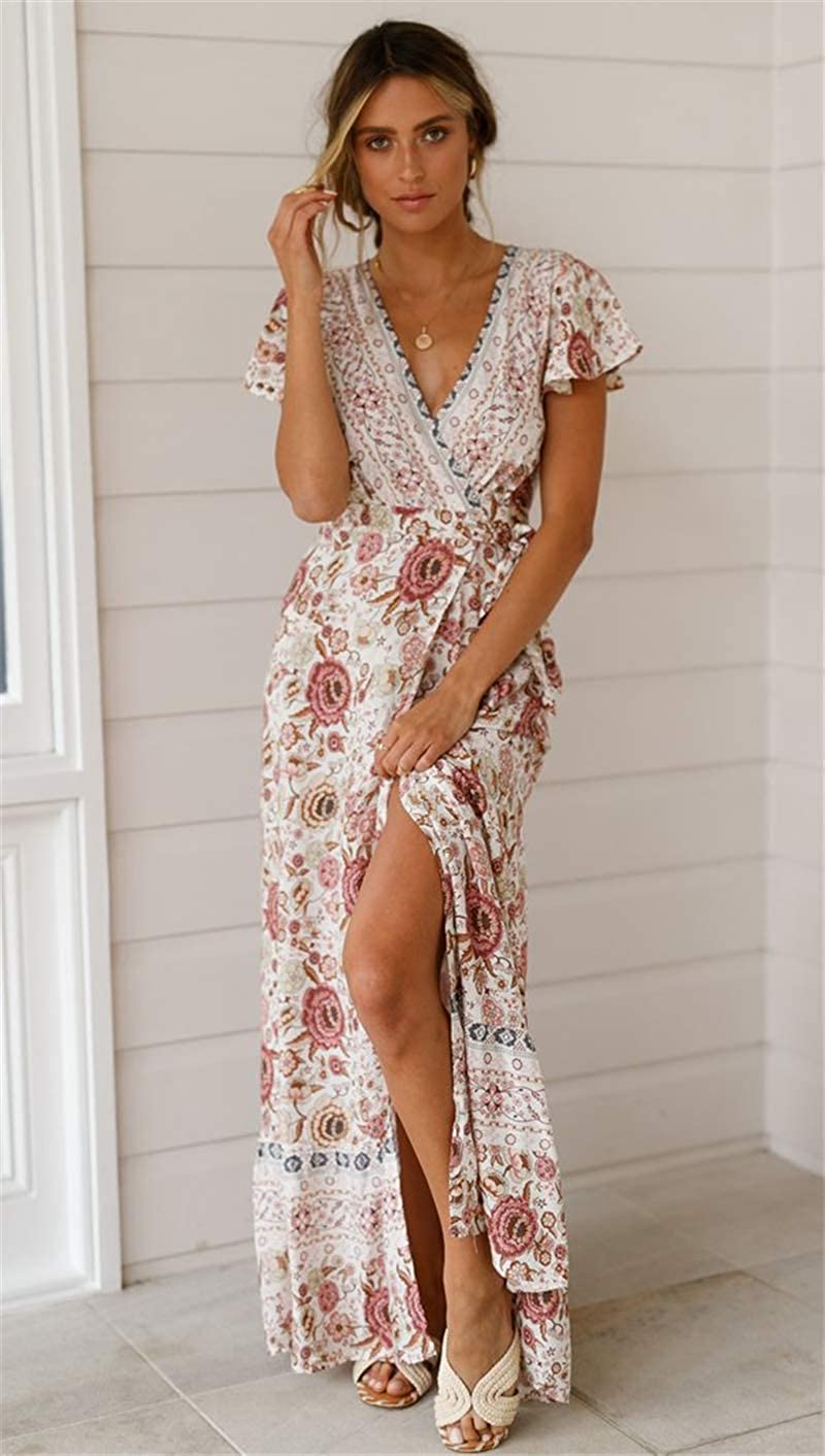 Women’s V Neck Wrap Vintage Floral Print Short Sleeve Split Belted Flowy Boho Beach Long Dress - Debshops