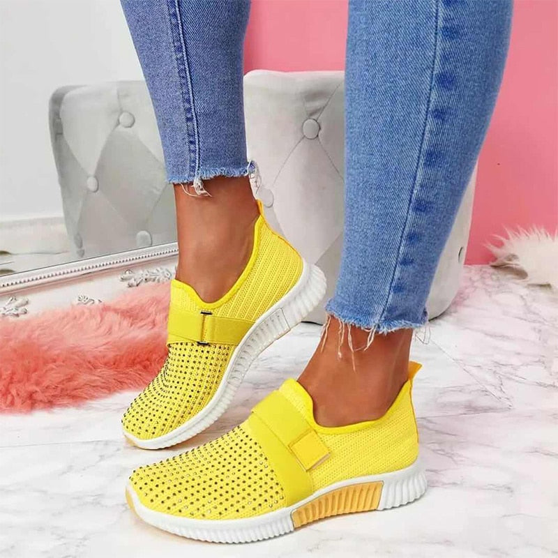 Mesh Breathable Sport Rhinestone Platform Flat Vulcanized Comfort Footwear - Debshops