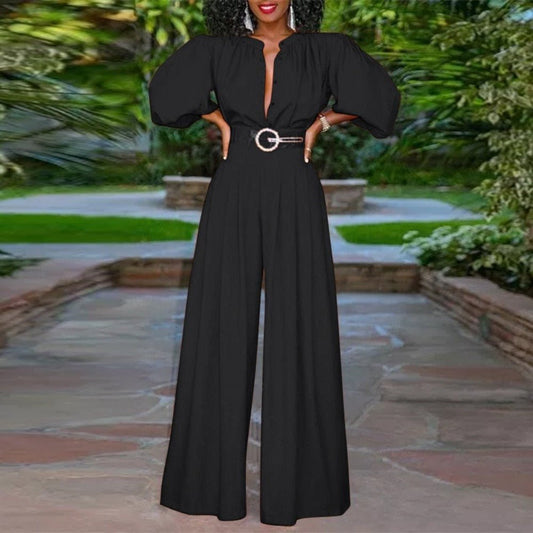 Elegant 3/4 Puff Sleeve Wide Leg Pleated Buttons Jumpsuit - Deb Shops