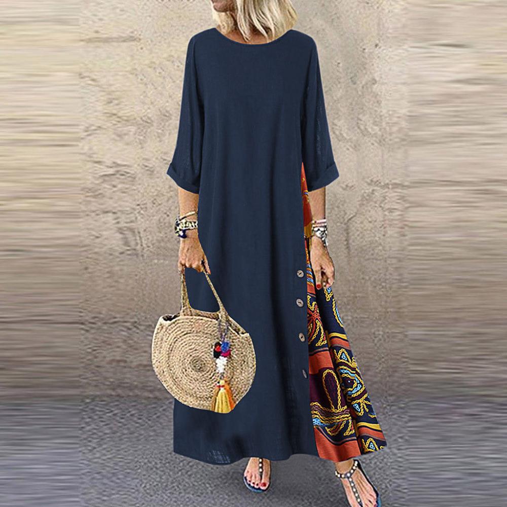 Elegant Patchwork 3/4 Sleeves O Neck Button High Low Hem Long Dress - Deb Shops