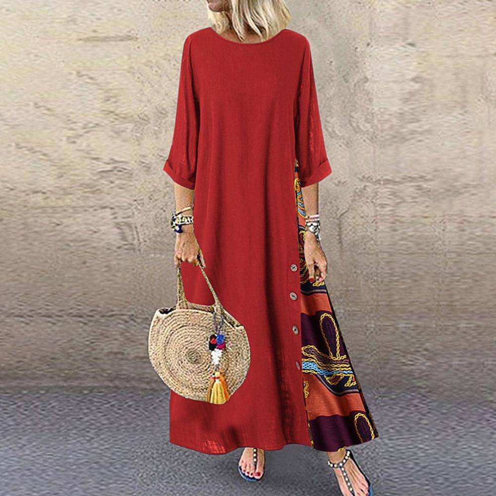 Elegant Patchwork 3/4 Sleeves O Neck Button High Low Hem Long Dress - Deb Shops