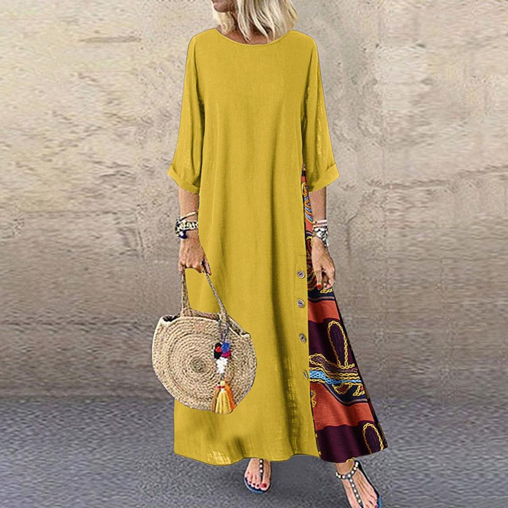 Elegant Patchwork 3/4 Sleeves O Neck Button High Low Hem Long Dress - Deb Shops