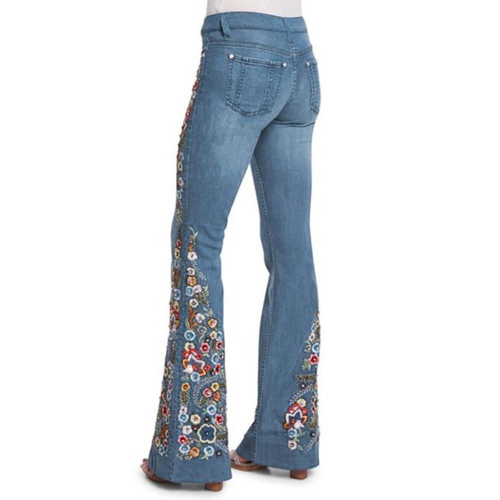 Embroidery Flowers Flare Waist Bell Denim Jeans - Deb Shops