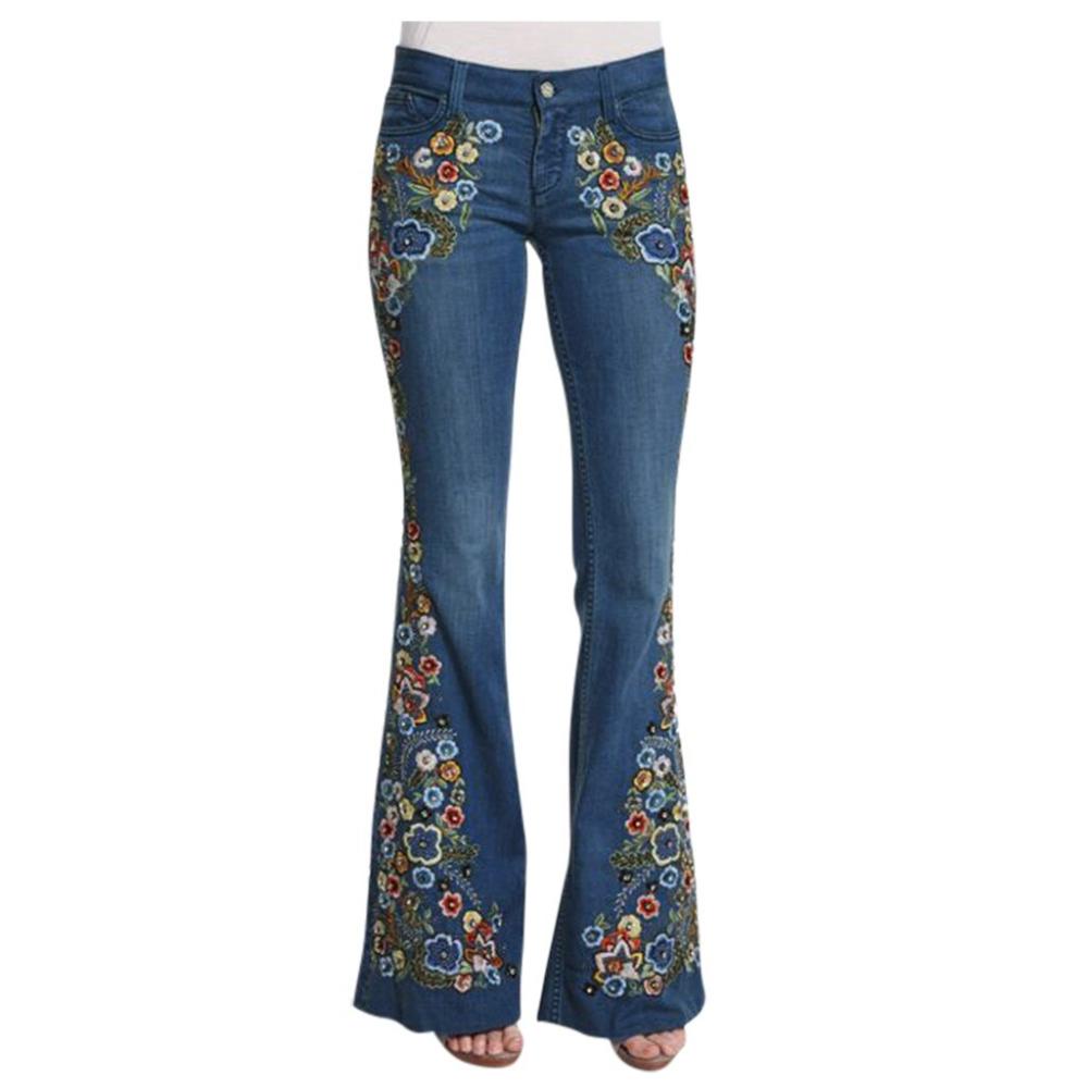 Embroidery Flowers Flare Waist Bell Denim Jeans - Deb Shops
