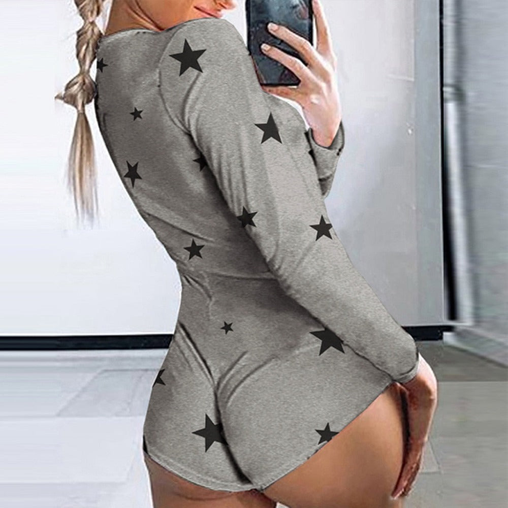 Long Sleeve V Neck Love Pattern Print Pajama Romper - Debshops