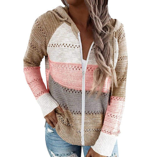 Hooded Patchwork Sweater With Zipper Thin Soft Loose Knitted Hollow Out Cardigan - Debshops