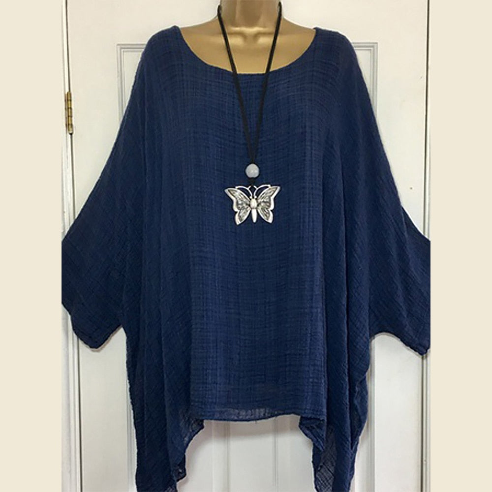 Solid Batwing Sleeve Loose Asymmetric O Neck Blouse - Debshops