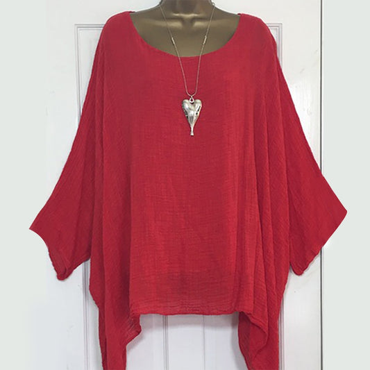 Solid Batwing Sleeve Loose Asymmetric O Neck Blouse - Debshops