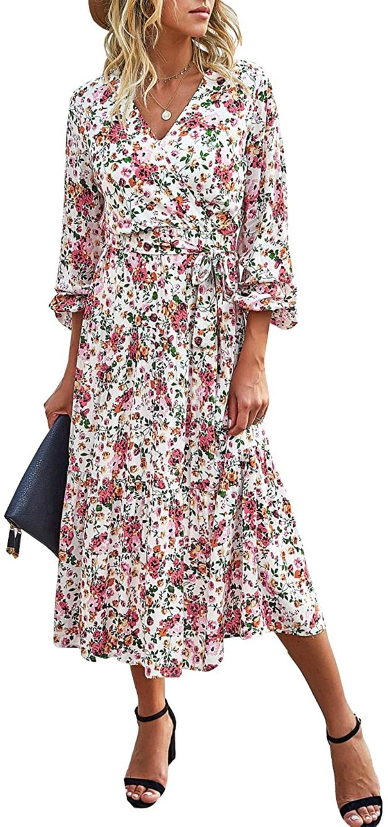 Women’s V Neck Wrap Vintage Floral Print Short Sleeve Split Belted Flowy Boho Beach Long Dress - Debshops