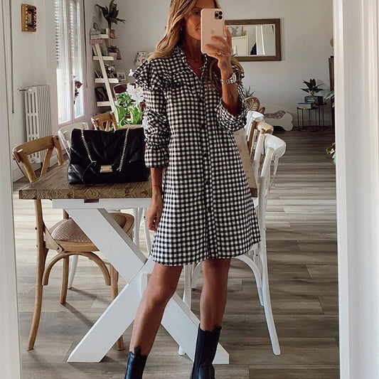 Women Dress Ruffle Hound's Tooth Plaid Midi Shirt Dress Ladies Long Sleeves - Debshops