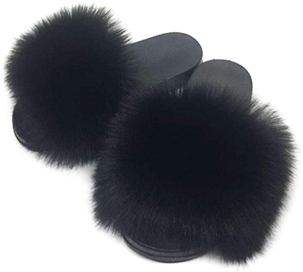 Faux Fur Slippers Fluffy Fuzzy Sandals Open Toe Slides Flip Flop - Debshops