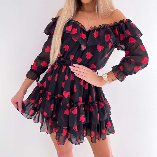 Women Off Shoulder Ruffles Flower Print Dress Spring Long Sleeve Elegant Party Dress Chiffon - Debshops