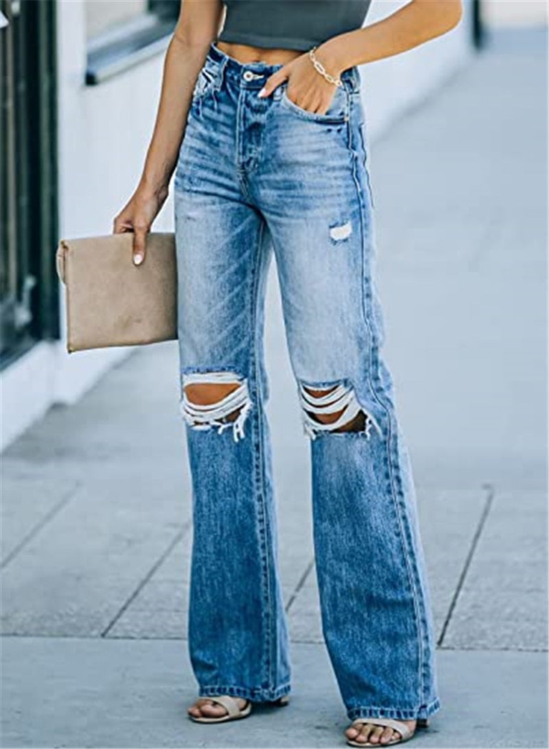 High Waist Retro Flared Loose Ripped Wide Jeans - Debshops