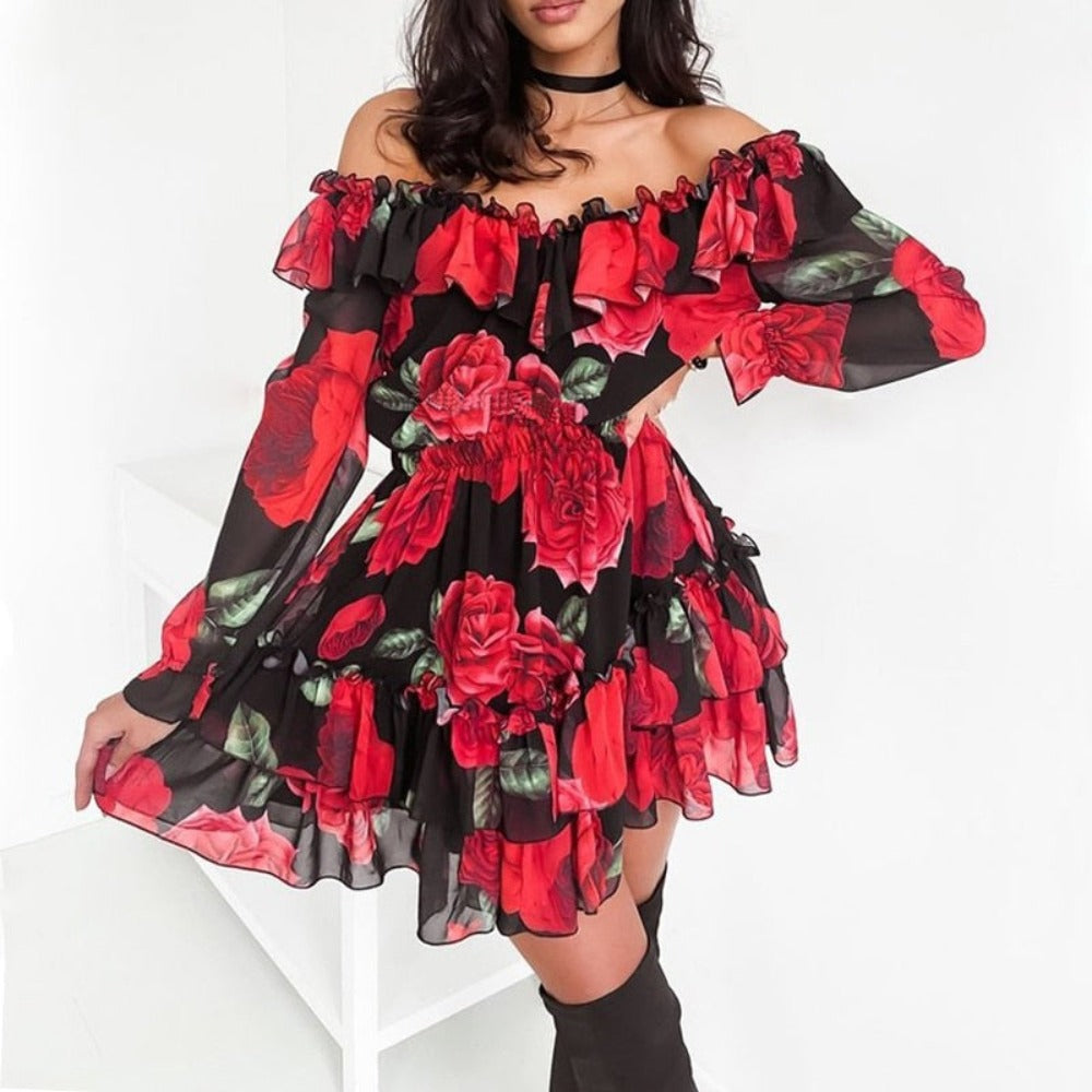 Women Off Shoulder Ruffles Flower Print Dress Long Sleeve Elegant Party Dress Chiffon - Debshops