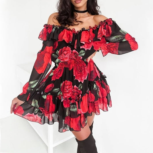 Women Off Shoulder Ruffles Flower Print Dress Long Sleeve Elegant Party Dress Chiffon - Debshops
