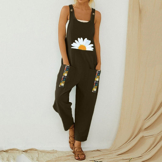 Floral Daisy Print Pocket Romper Long Button Jumpsuit - Deb Shops