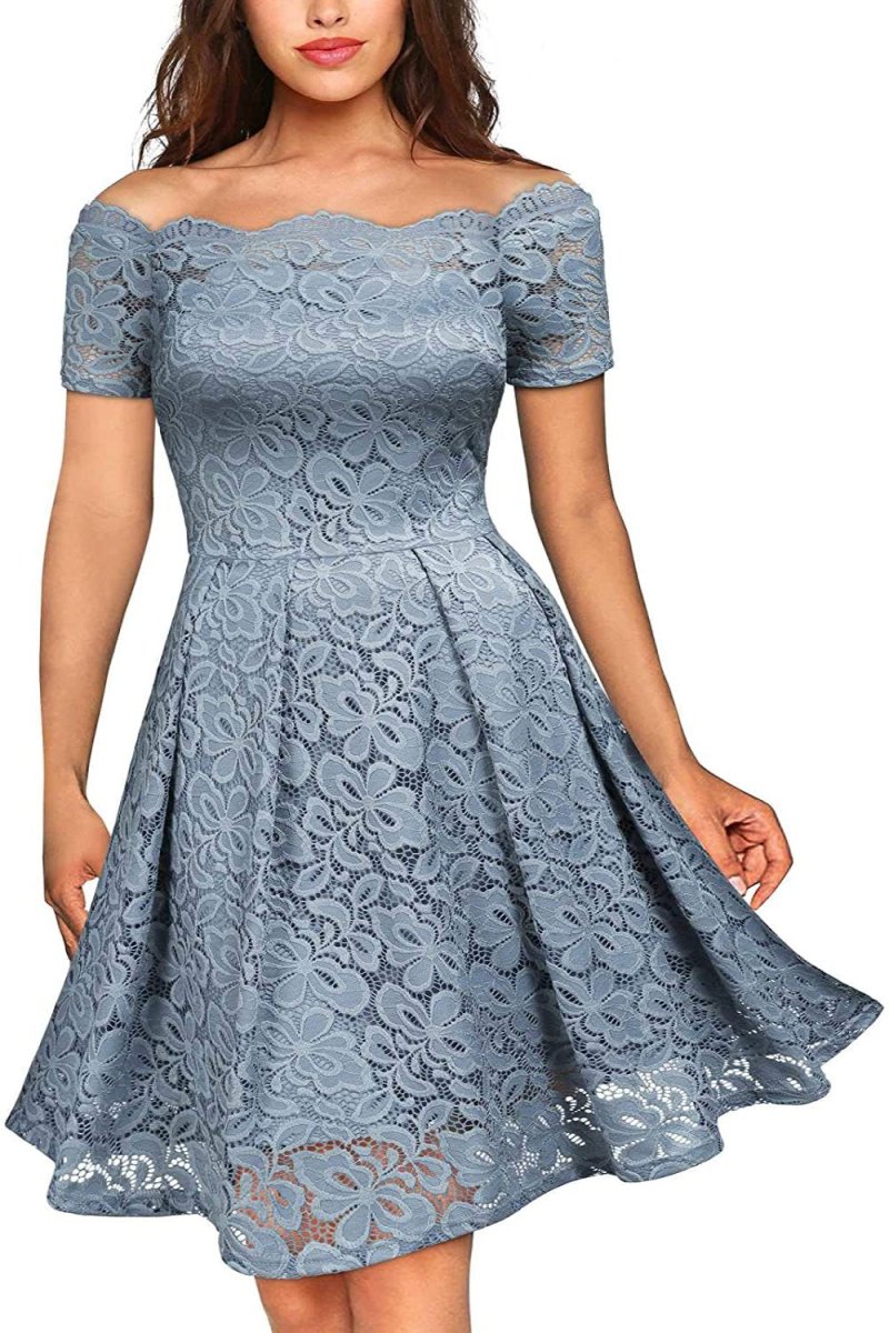 Floral Lace Short Sleeve Boat Neck Swing Dress - Deb Shops