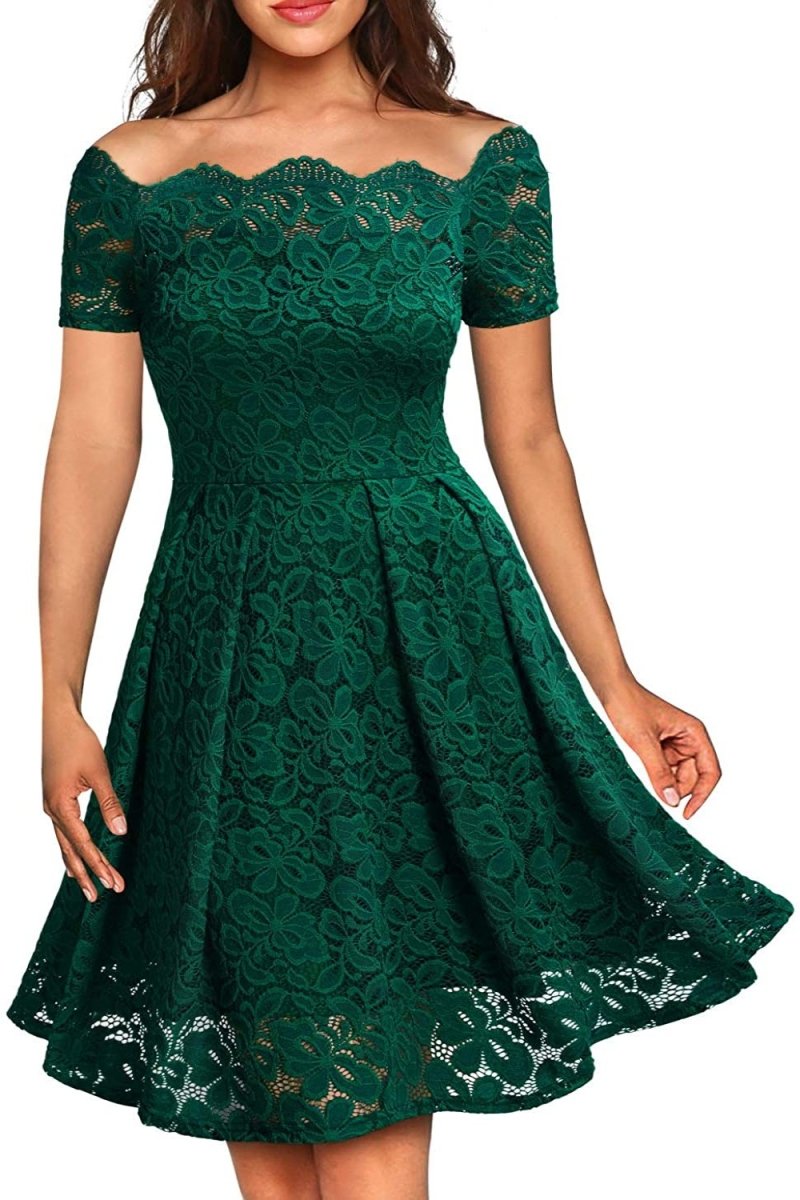 Floral Lace Short Sleeve Boat Neck Swing Dress - Deb Shops