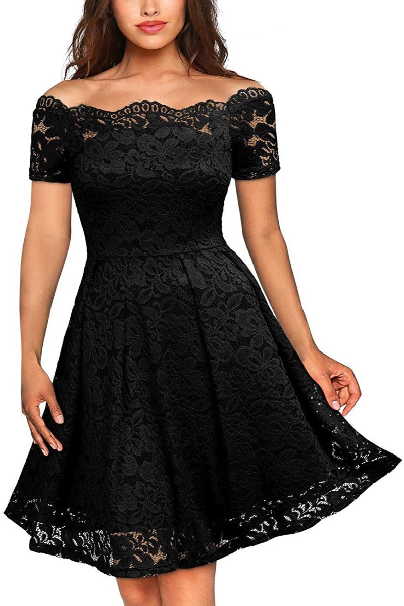 Floral Lace Short Sleeve Boat Neck Swing Dress - Deb Shops