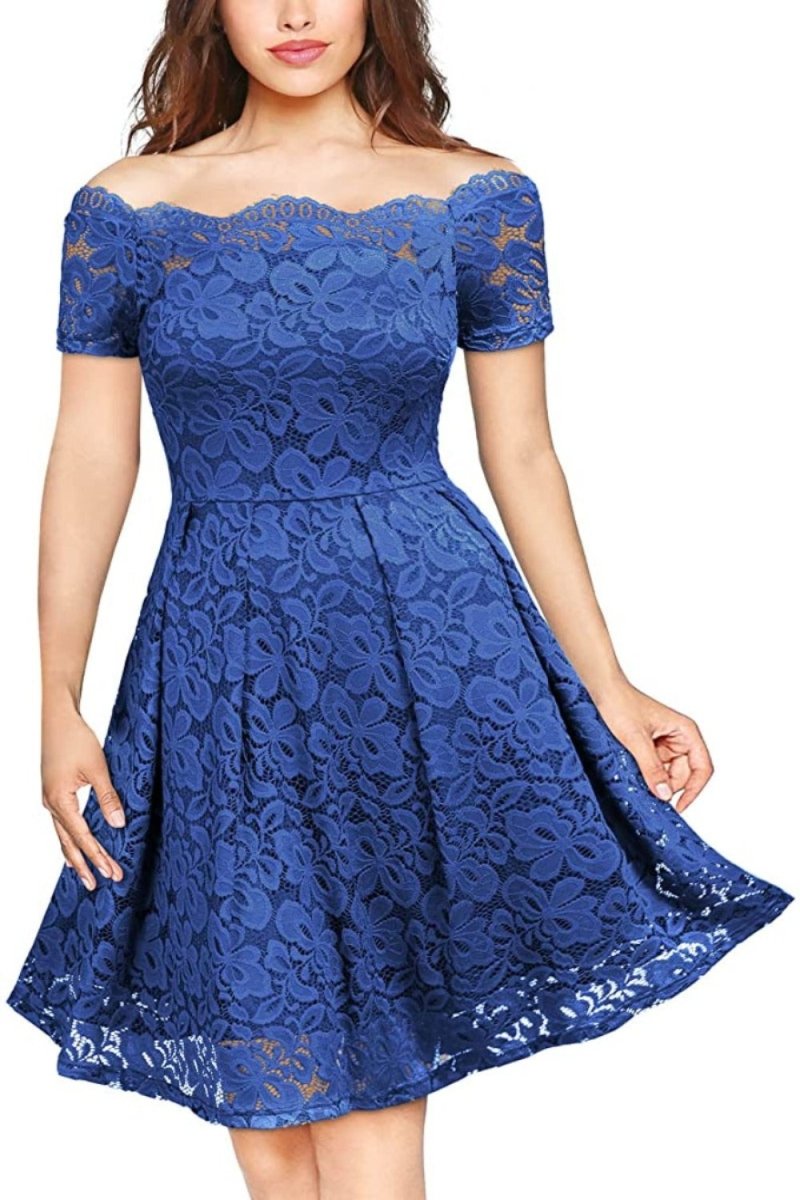Floral Lace Short Sleeve Boat Neck Swing Dress - Deb Shops