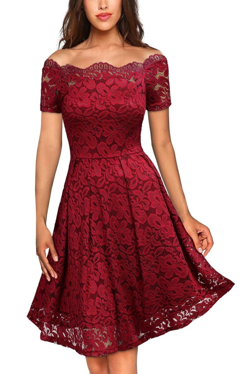 Floral Lace Short Sleeve Boat Neck Swing Dress - Deb Shops