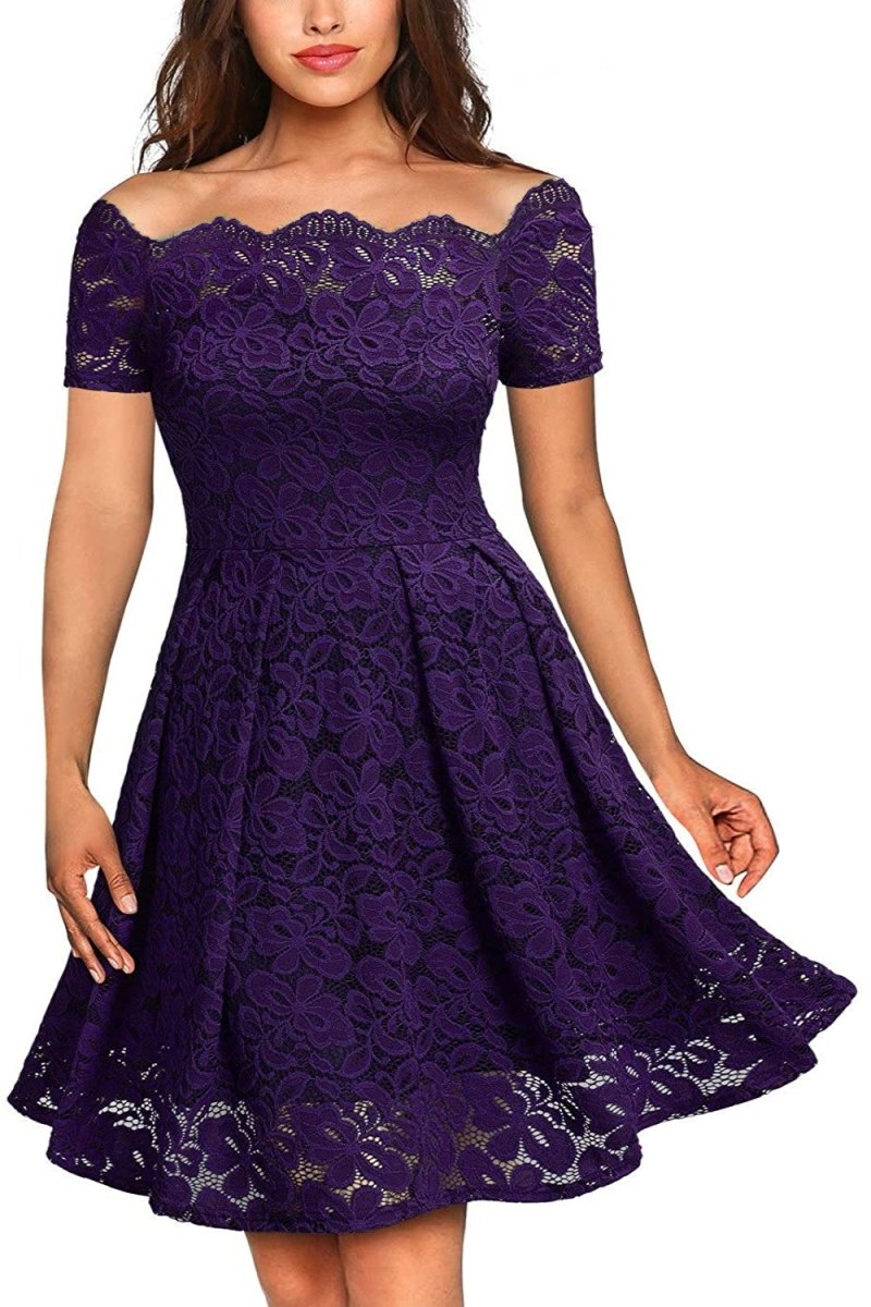 Floral Lace Short Sleeve Boat Neck Swing Dress - Deb Shops