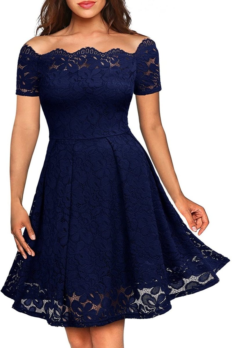 Floral Lace Short Sleeve Boat Neck Swing Dress - Deb Shops